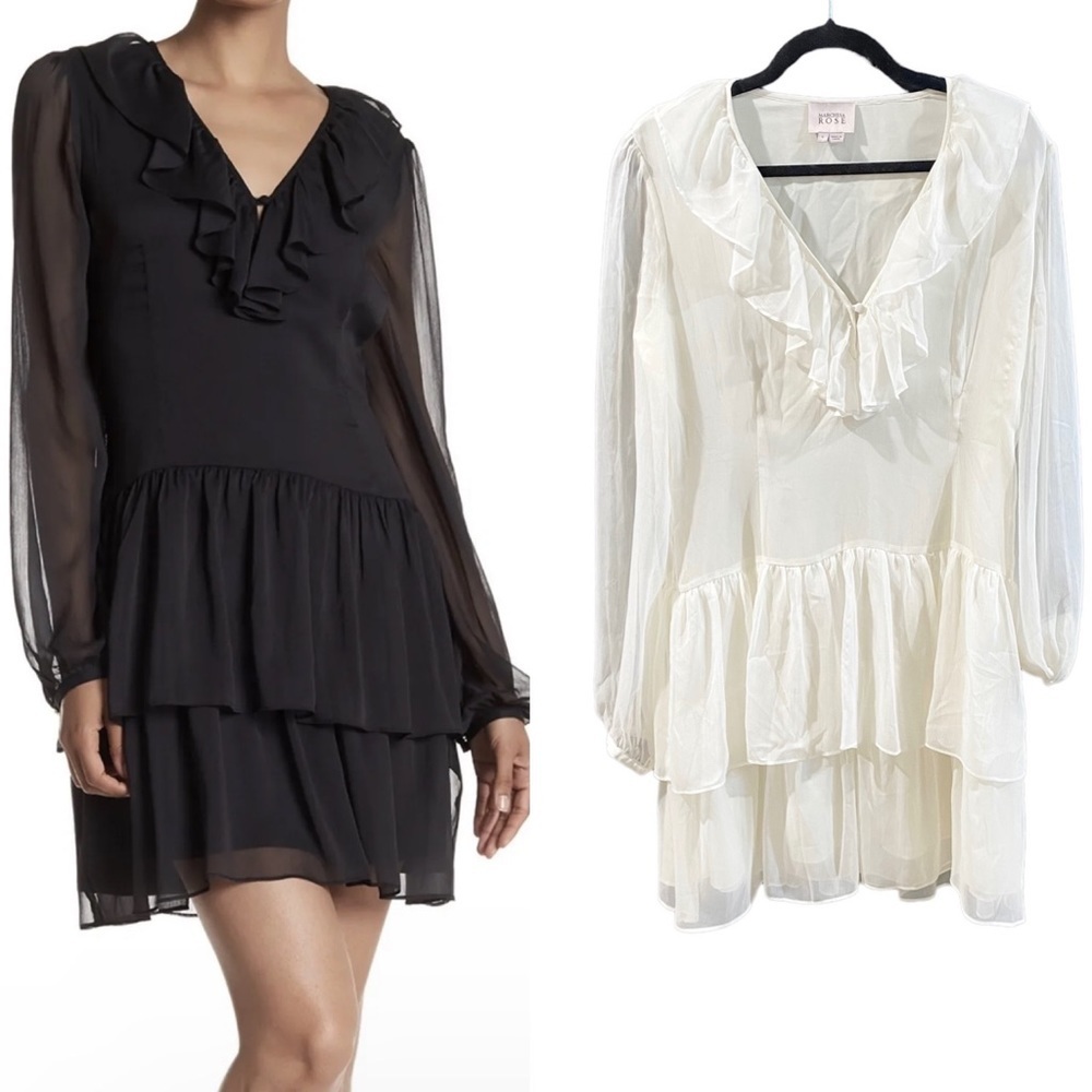 Marchesa Rose White Ivory Chiffon Long Sleeve Ruffle Dress Large